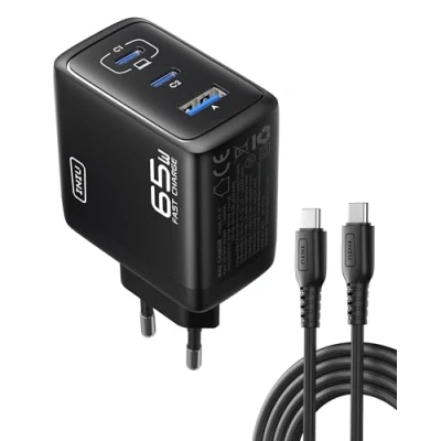 Imagen de INIU 65W Cargador USB C, [USBC*2 + USBA] GAN 3 Puertos USBC Carga Rapida, PD Rápido Compacto Adaptador Tipo C para iPhone 16 15 14 Pro MAX Plus, iPad Air, MacBook, Samsung S25 S24 Ultra