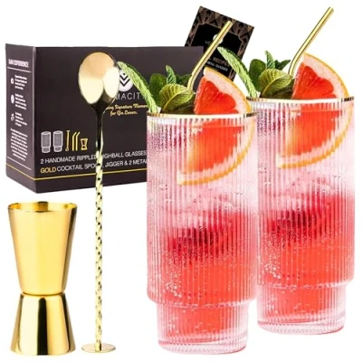 Imagen de Juego de Vasos Gin Tonic Highball con llantas Oro Accesorios Cóctel en 2 Copas Onduladas, Pajitas Metal, Cuchara Bar y Medidor Alcohol. Perfecto Para