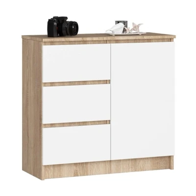 Imagen de AKORD Cómoda Jerry Cajonero con 1 Puerta 3 Cajones 2 Estantes Credenza Alta 80 cm 80x35x77 Roble Sonoma &amp; Blanco Frente