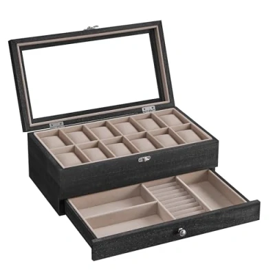 Imagen de SONGMICS Caja de Relojes con 12 Ranuras, Estuche Madera 2 Niveles Tapa Cristal, Almohadillas, Forro Terciopelo, Regalo Seres Queridos, Negro Ébano JOW012B01