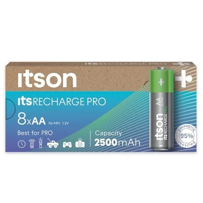 Imagen de ITSON, Pilas Recargables AA, Pro, Paquete de 8, baterías Gran Potencia, precargadas, Capacidad mínima: 2500 mAh, Embalaje con 95% Materiales reciclados, Made in Japan