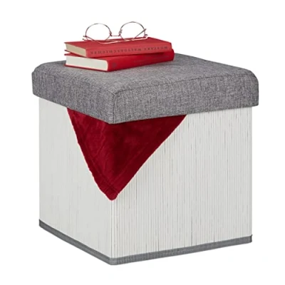 Imagen de Relaxdays Taburete Almacenaje Plegable, Tapizado, Bambú, Tela, 36 x 35 cm, Otomana de Almacenamiento, Blanco y Gris, Poliéster