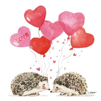 Imagen de servilletas de papel con diseño erizo corazones y globos corazón, 20 unidades, diseño. También para decoupage (33 x 33 cm)