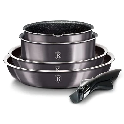 Imagen de Berlinger Haus Carbon Pro Batería Cocina Inducción 9 Piezas, Mango Extraíble Intercambiable, Antiadherente sin PFOA, Aluminio, Set Cacerolas y Sartenes, Tapas Cristal + Herméticas, Apilable