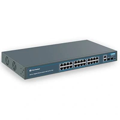 Imagen de Yunley 28 Port Gigabit PoE Switch with 24 + @ 400w, 2 uplink Ports, SFPS, Solid Metal for Desktop / Rack Installation, AI watchdog, vlan, Plug and Play, Non Managed