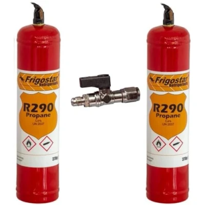 Imagen de 2 bombonas R290 370 gr. Gas para recarga frigorífico refrigerador + grifo salida 1/4&quot; M