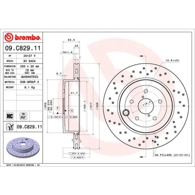 Imagen de BREMBO 09.C829.11 Disco de freno 326 20 5 perforado/ventil. int. revestido altamente carbonizado