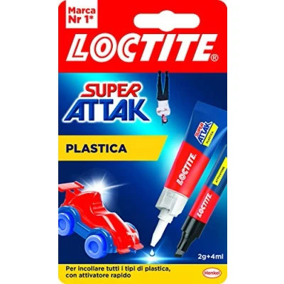 Imagen de Loctite Super Attak plástico, Pegamento de plástico instantáneo, Tubo líquido transparente específico para todo tipo cianoacrílico con activador, 2g+4ml