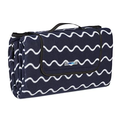 Imagen de Relaxdays Manta Picnic XXL, 200x200cm, Campo, Estera Playa, Aislante e Impermeable, con Asa, Azul Oscuro y Blanco
