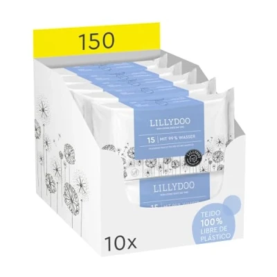 Imagen de toallitas húmedas para bebés LILLYDOO con un 99% de agua, 10 paquetes 15 (150 toallitas), 100% libres plástico sin perfumes y tan suave como el algodón agua