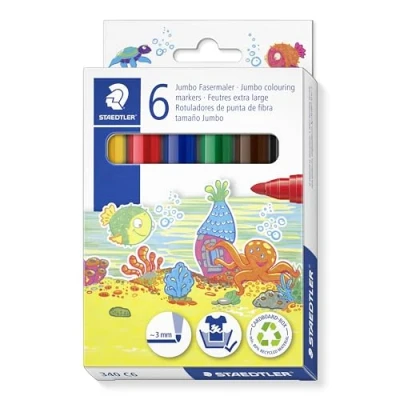 Imagen de Staedtler Noris 340 Jumbo Rotulador para manos de niños pequeños, estuche cartón con 6 rotuladores en colores surtidos, C6