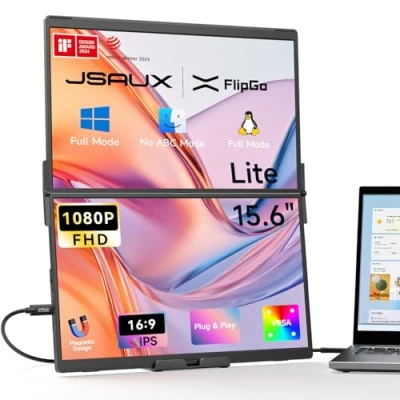Imagen de JSAUX FlipGo Lite Extender pantalla para portátil 15.6&quot; 1080p FHD Dual IPS monitor portátil, HUB integrado, un cable a dual, más ligero y delgado viajar: compatible con PC, Windows Mac