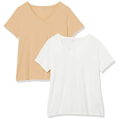 Imagen de Amazon Essentials Camiseta de Manga Corta con Cuello en V Talla Grande Mujer, Pack 2, Blanco/Camel Claro, 4XL