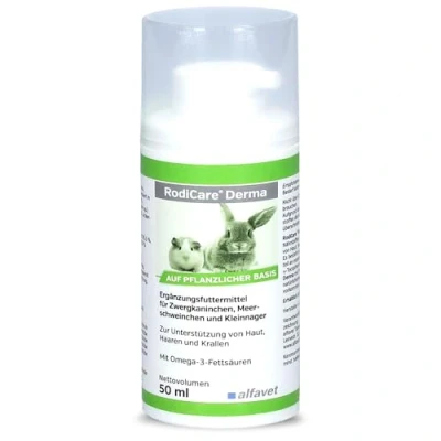 Imagen de Alfavet RodiCare Derma Suplemento nutricional para el apoyo de la piel, cabello y garras, conejos enanos, cobayas, roedores pequeños, dispensador 50 ml