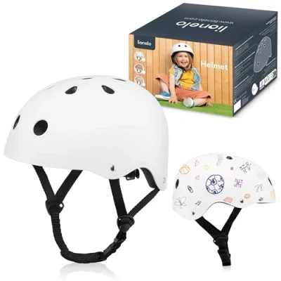 Imagen de LIONELO Helmet Casco Protector Bicicleta Infantil, Ajustable 50 56 cm, de Barbilla, para Niñas y Niños con Certificado Intertek, Talla S (White)