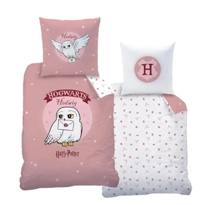 Imagen de Juego de cama franela 135 x 200 cm, Harry Potter, búho Hedwig, suave para otoño e invierno, funda almohada 80 cm + nórdica 100% algodón, color rosa