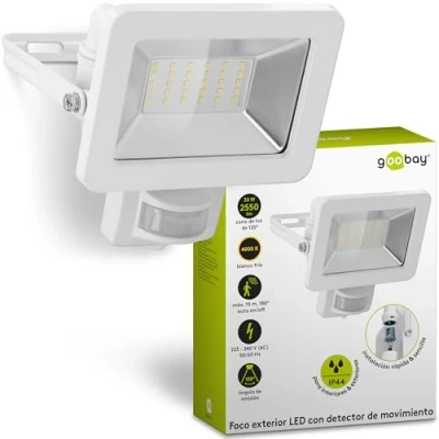 Imagen de goobay 53882 Foco LED con detector de movimiento Reflector 30W Luz blanca neutral 4000K 2560 Lumen Ángulo haz 100 grados Protección IP65 Blanco