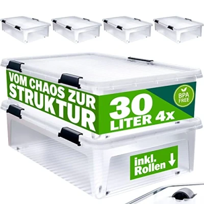 Imagen de Deuba® 4X Cajas de Almacenamiento 30L Tapa Clips Cierre Transparentes Almacenaje Juguetes Ruedas Apilable