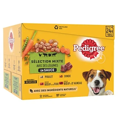 Imagen de Pedigree Sachets Fraîcheur pour Chien Adulte aux 4 Saveurs en Sauce, 48 Repas de 100g, 2 x 24 100g