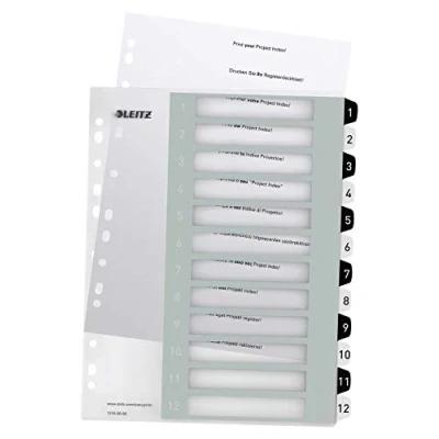Imagen de Leitz Índice 1 12, Imprimible con Ordenador, A4, Extra Ancho, Plástico Rígido, Blanco/Negro, Gama WOW, 12160000