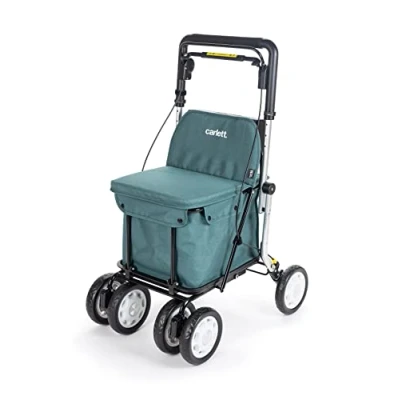 Imagen de Carlett Carro de la Compra y Andador con Asiento para Ancianos Producto Médico Clase I Homologado, Carrito 4 Ruedas Plegable, Bolsa Extraíble 36L/15kg Modelo Assist, Color Gris Claro