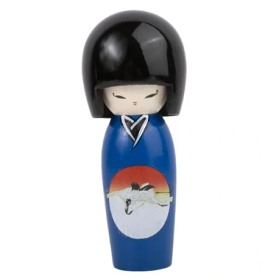 Imagen de Kokeshi japonesa longevidad azul 13,5 cm Muñeca de madera con kimono pájaro grúa Figura decorativa tradicional Japón Idea regalo original asiática