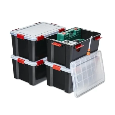 Imagen de Iris Ohyama 4 Cajas herméticas de plástico con tapa y cierres a presión, 50L, Negro, sello impermeable, apilables, antipolvo, para ropas, camping, exteriores, cubo almacenaje, box, AT L