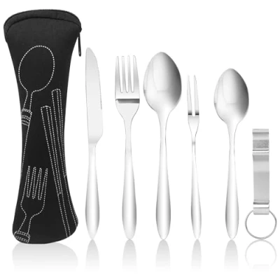 Imagen de Fousenuk 6 Piezas Cubiertos Camping Set, Juego de Acero Inoxidable con Cuchillos, Tenedores, Bolsa Almacenamiento, para Llevar al Trabajo, Exterior, Picnic, Viajes