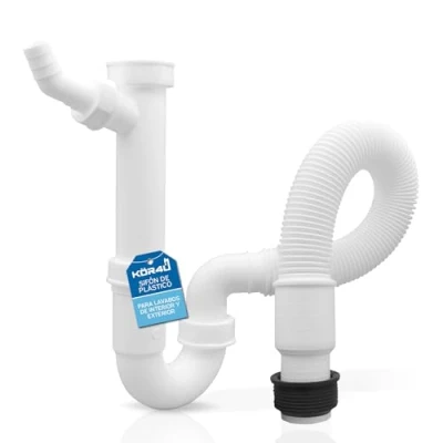 Imagen de kör4u Sifón de plástico flexible, 1 1/2 x 40/50 mm, tapón olor tubular para fregadero, manguito goma, boquilla goma tubo drenaje