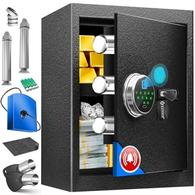 Imagen de KESSER® Caja Fuerte Eléctrica con Huellas Dactilares y Llave, incluye Batería de Emergencia, Electrónica, 3 x Doble Perno Cierre, Pared, XL Negro