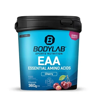 Imagen de Bodylab24 EAA Essential Amino Acids Cereza 360g, 8 aminoácidos esenciales en altas dosis, todos los BCAA y incluidos, vitamina B6, polvo, regeneración construcción muscular