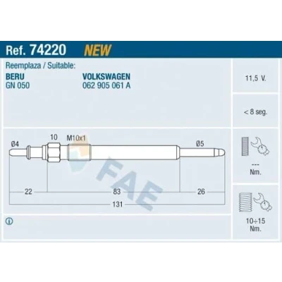 Imagen de FAE 74220 Bujía de precalentamiento 11,5V M10x1 VOLKSWAGEN: LT 28 46 2 Kasten, 35 II Bus