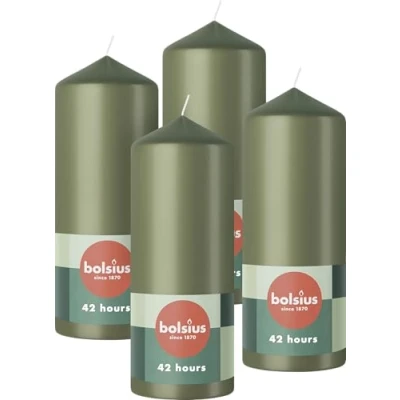 Imagen de Bolsius velas de pilar, color verde, paquete 4 decorativas para el hogar, larga duración combustión 42 horas, sin perfume, cera vegana natural, aceite palma