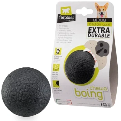 Imagen de Ferplast Juguete Perro, Pelota en Material Duradero, No Tóxico, Resistente a Mordeduras, para Higiene Dental del Rebota y Flota, CHEWA Boing Pelota, Juguetes Perros Medianos, Negro