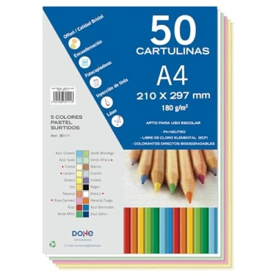Imagen de Dohe Cartulinas A4 Colores Pastel para Manualidades e Impresión (50 uds.) 21x29,7 cm 180 g/m² Material de oficina