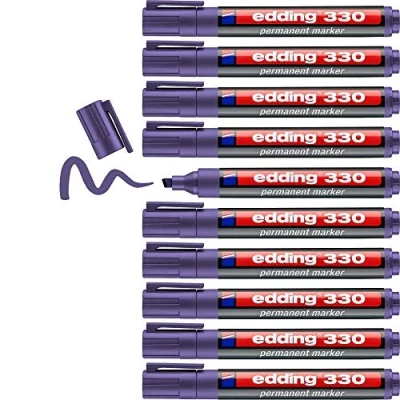 Imagen de edding 330 marcador permanente violeta 10 rotuladores punta biselada 1 5 mm resistente al agua, de secado rápido, indelebles para cartón, plástico, vidrio, madera, metal