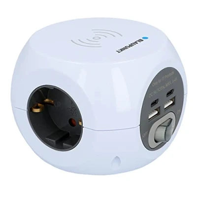 Imagen de Blaupunkt Enchufe de 3 enchufes USB A + 2 Puertos C con Interruptor Encendido/Apagado Carga inductiva, Color Blanco, 1,4 m