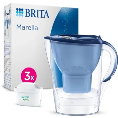 Imagen de BRITA jarra con Filtro de Agua Marella Azul (2,4 l) Incl. 3x Cartucho MAXTRA PRO All in 1 adaptable al frigorífico LTI digital y tapa abatible que reduce cloro, cal e impurezas.