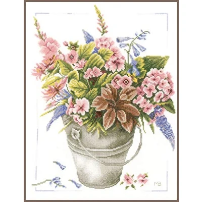 Imagen de Lanarte Kit de punto cruz contado: ramo flores en cubo, NA, 30 x 38 cm
