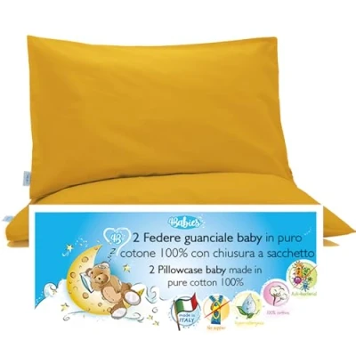 Imagen de 4BABIES Funda de Almohada 50x30 cm para niño Juego 2 Fundas Cojines Cuna Bebe 100% Puro Algodón Fabricado en Italia Cierre sobre Certificado Oeko Tex Amarillo DORATO
