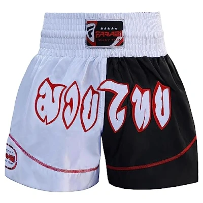 Imagen de Farabi Sports Pantalones Muay Thai Kick Boxing Hombre Mujeres Shorts para Artes Marciales MMA Jaula Lucha y Entrenamiento (FR/ES, Letras, S, Regular, White/Black)