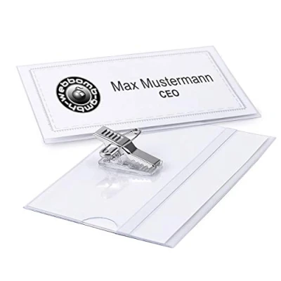 Imagen de WEBBOMB Lote de 50 fundas plástico para nombre, ropa, tarjetas visita, con clip y pinza, soporte tarjeta identificación, unidades, transparente