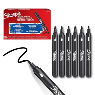 Imagen de SHARPIE Rotuladores acrílicos creativos al agua con punta de bala Tinta sin borrones Escribe en la mayoría superficies Material escolar Negro 6 Piezas