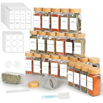 Imagen de Lannvan Botes Especias Cristal 24pcs Cuadrado para con Tapa de Madera Frascos Especiarias 120ml Tarros incluir Embudo, Tamiz, Cepillo Limpieza, Etiquetas y Bolígrafo