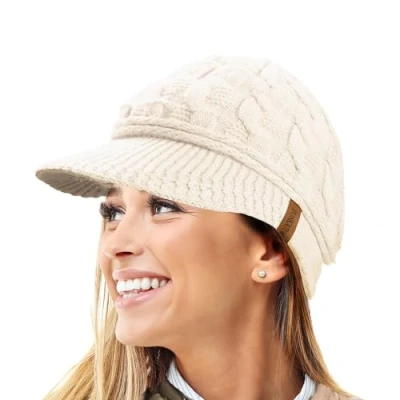 Imagen de Gorro de Invierno con Forro Polar Peluche R80 cálido Punto Cable Pico para Mujer