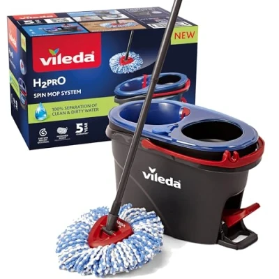 Imagen de Vileda H2PrO Spin Sistema de mopa, Doble cámara separación Agua, Escurrido sin Esfuerzo, Limpieza con Microfibra, Manos Libres, Diseño ergonómico