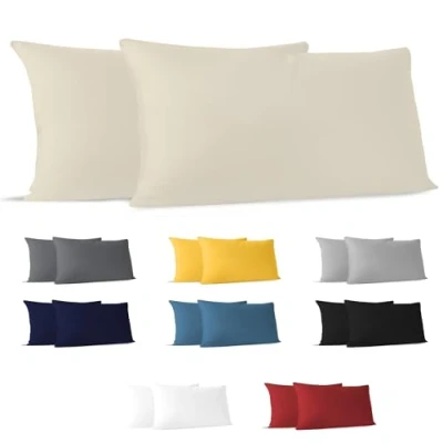Imagen de Dreamzie Fundas de Almohada (Juego 2) Beige para Las Almohadas 40 x 80 cm 100% Algodon Jersey Funda Cojin Cama Protector