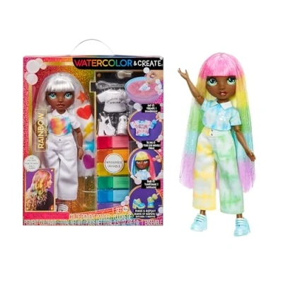 Imagen de RAINBOW HIGH Watercolour &amp; Create DIY Muñeca de Moda con Acuarelas Lavables y Kit Tinte Ojos Verdes, Pelo Liso, Top Zapatos Extra Colorea, CREA, Juega, Aclara Repite Niños 4 12+ Años