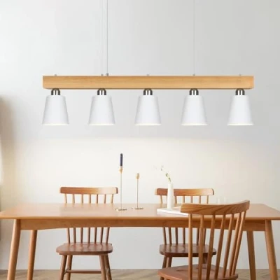 Imagen de ZMH Lámpara Colgante Comedor Iluminación Interior Araña de Techo Metal y Madera Altura Ajustable Diseño, con 5 bombillas (incluidas) Blanco Cálido para Comedor/Salón/Cafetería