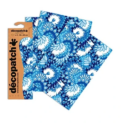 Imagen de Décopatch C579O Une pochette de 3 feuilles papier imprimé 30x40 cm, Plumes paon bleues
